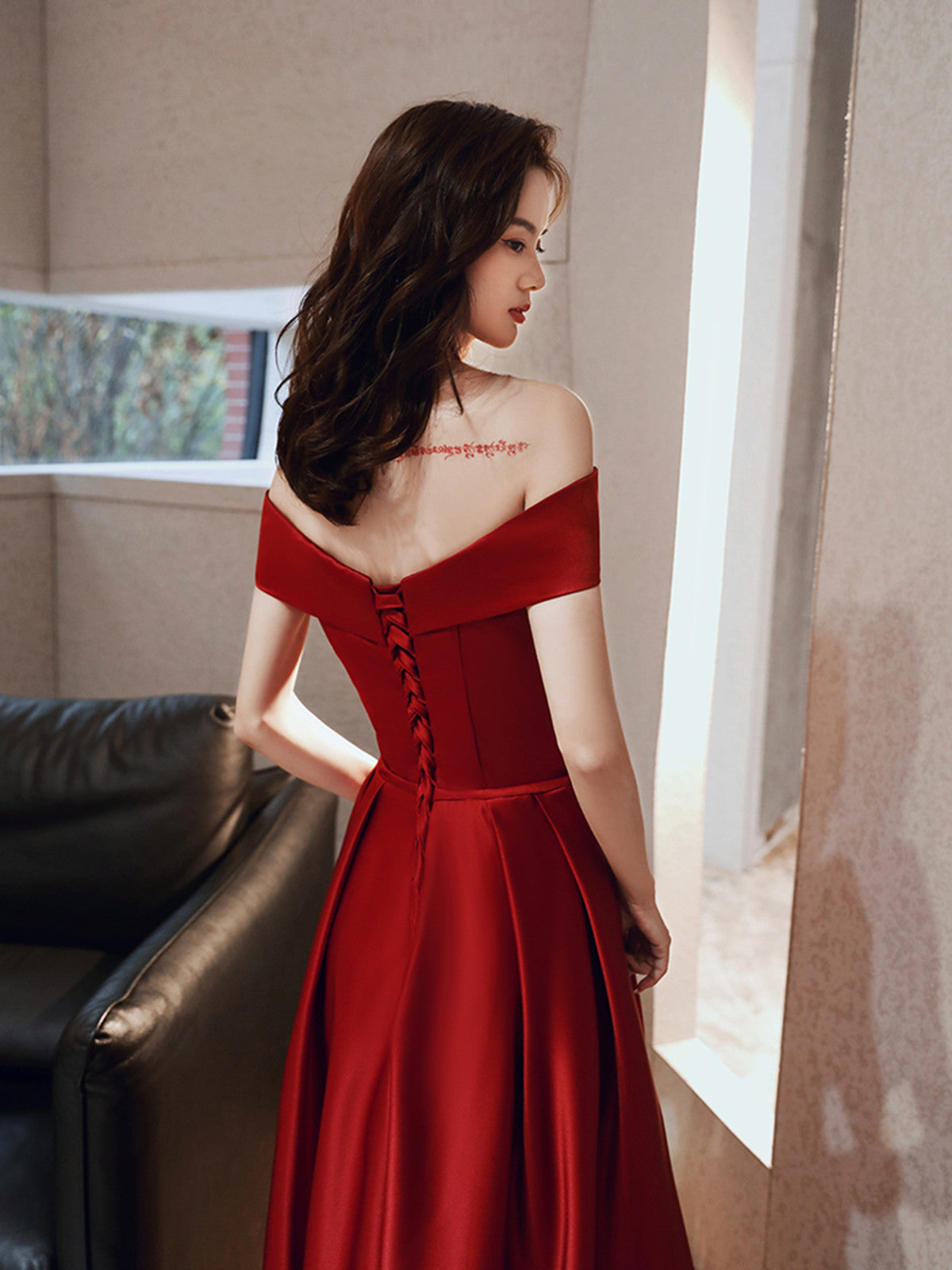 Wine Red Satin Off Shoulder Long Prom Dress with Leg Slit, Wine Red Evening Dress