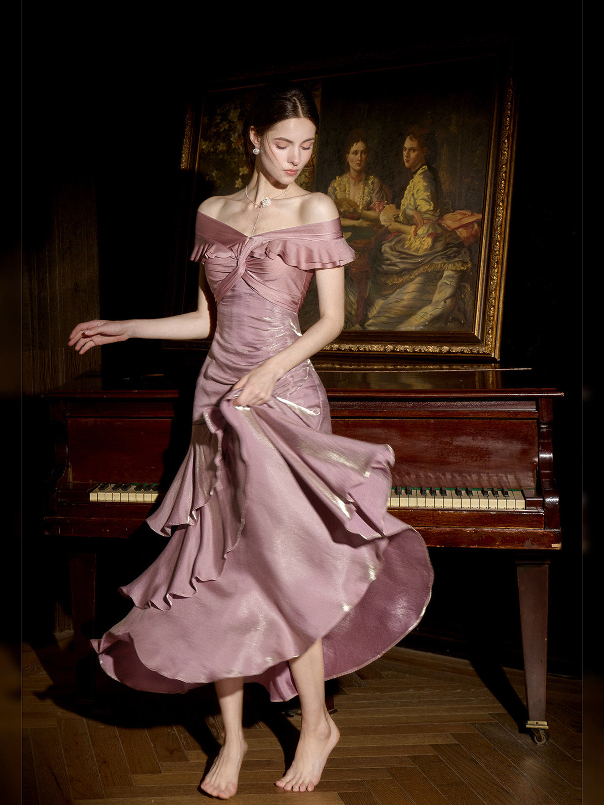 Pink Off Shoulder Layers Long Formal Gown, Elegant Pink Floor Length Evening Dress Formal Dress
