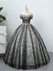 Black Tulle And Lace Round Neckline Party Dress, Black Long Lace Prom Dress