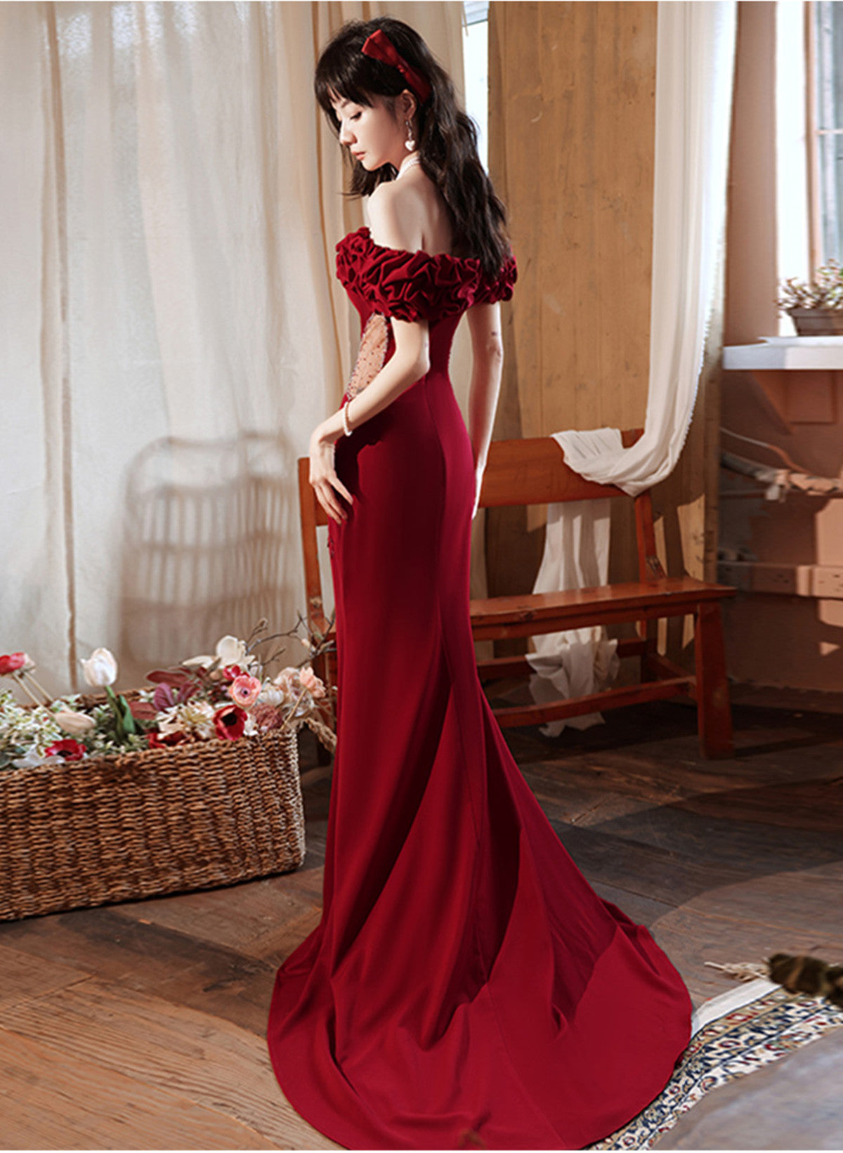 red off the shoulder mermaid dress Off Shoulder Classy Long Mermaid Red Prom Dress With Train PG596 US10 / Custom Color