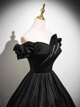 A-line Satin Beaded Off Shoulder Long Prom Dress, Black Sweetheart Floor Length Party Dress