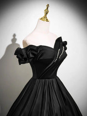 A-line Satin Beaded Off Shoulder Long Prom Dress, Black Sweetheart Floor Length Party Dress