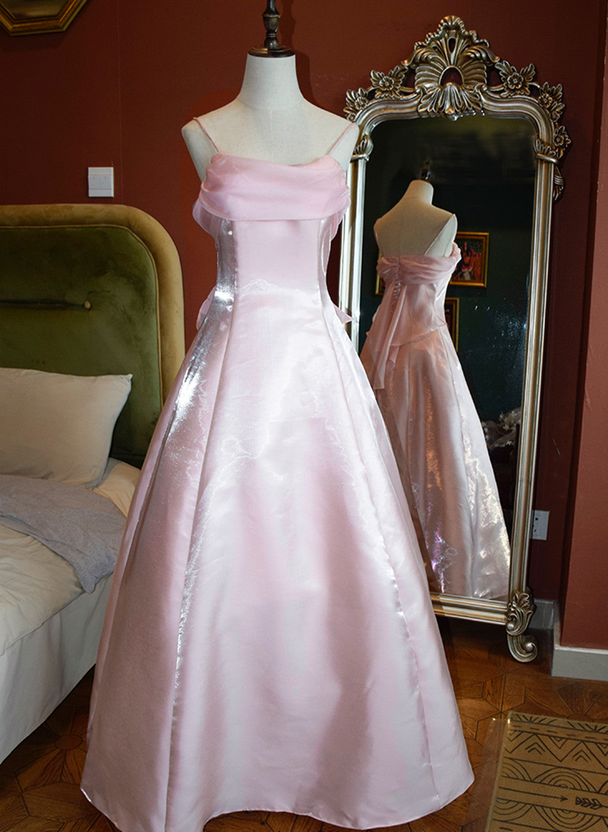 Cute Pink Long Satin Straps Long Party Dress, A-line Satin Prom Dress – Cutedressy