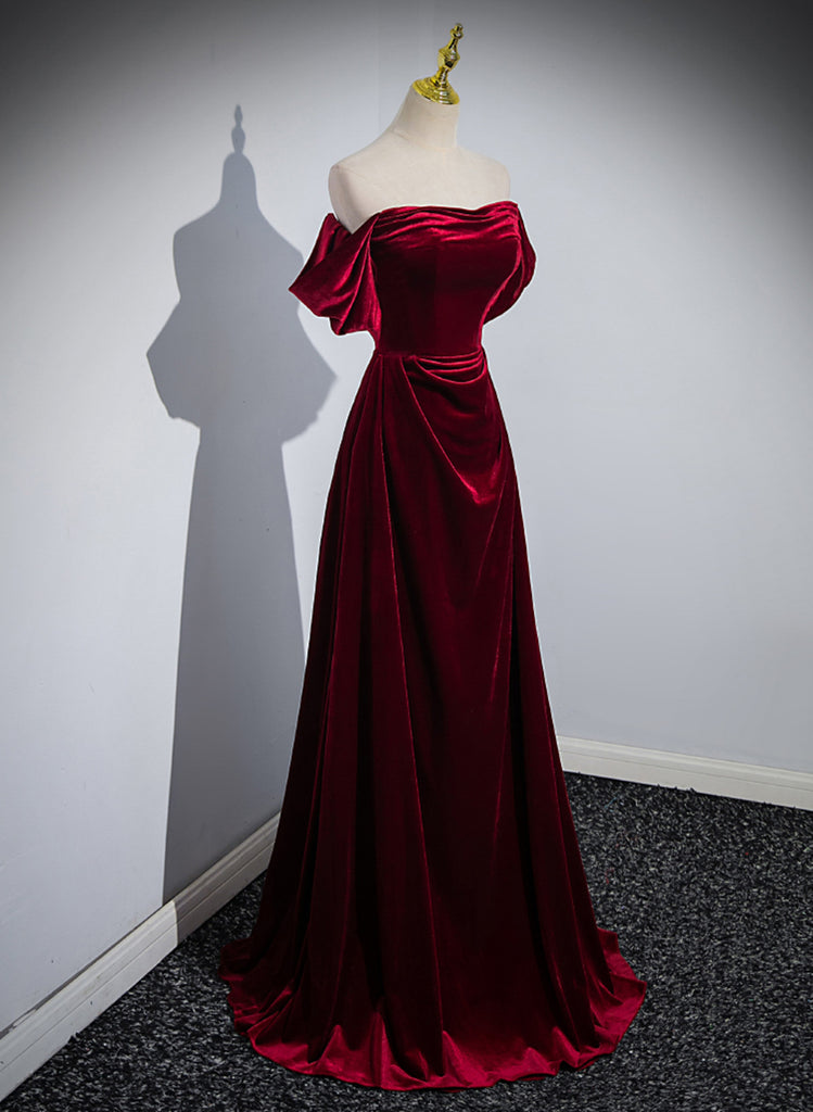 Wine Red Velvet Off Shoulder A-line Prom Dress, Wine Red Velvet Simple Party Dress main image 0