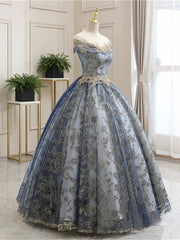 Charming Blue Tulle with Lace Cap Sleeves Party Dress, Tulle Ball Gown Sweet 16 Dress