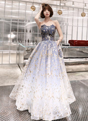 A-line Blue Tulle Long Party Dress with Lace-up, Blue Evening Dress Prom Dress