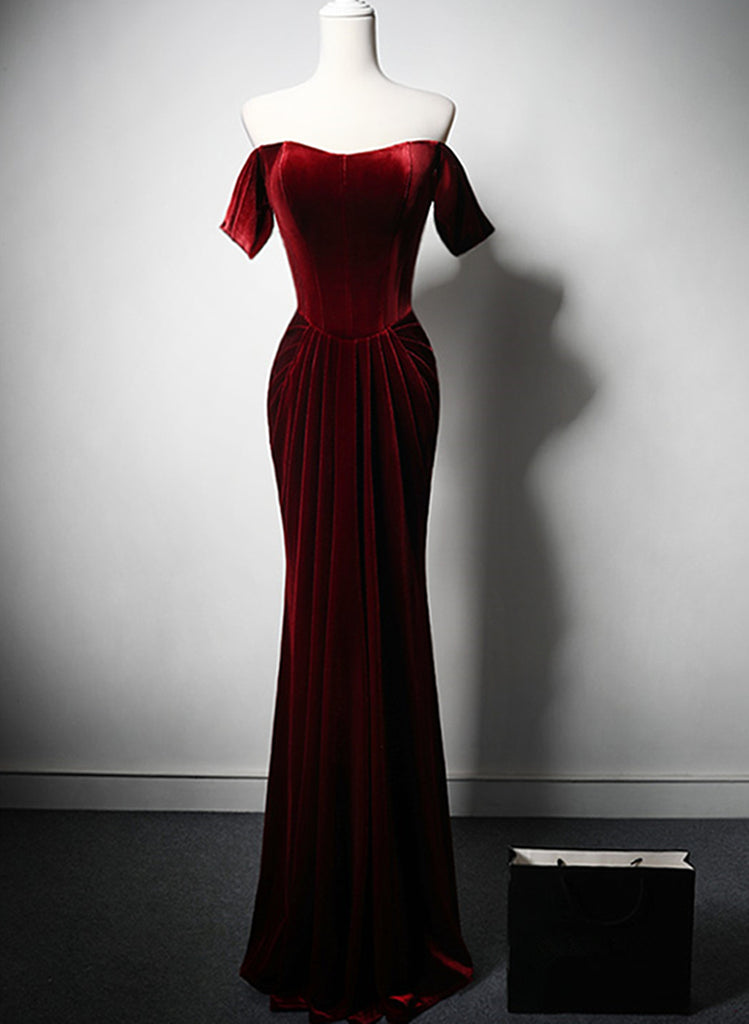 Wine Red Velvet Mermaid Off Shoulder Bridesmaid Dress, Wine Red Long P