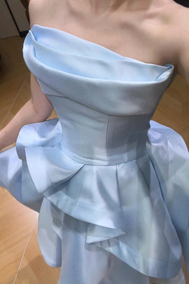 Light Blue Satin Strapless Knee Length Homecoming Dress, Light Blue Short Party Dress