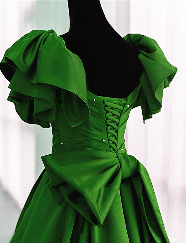 Green Satin Long Party Dress Short Sleeves, Green Satin Evening Dress Formal Dress