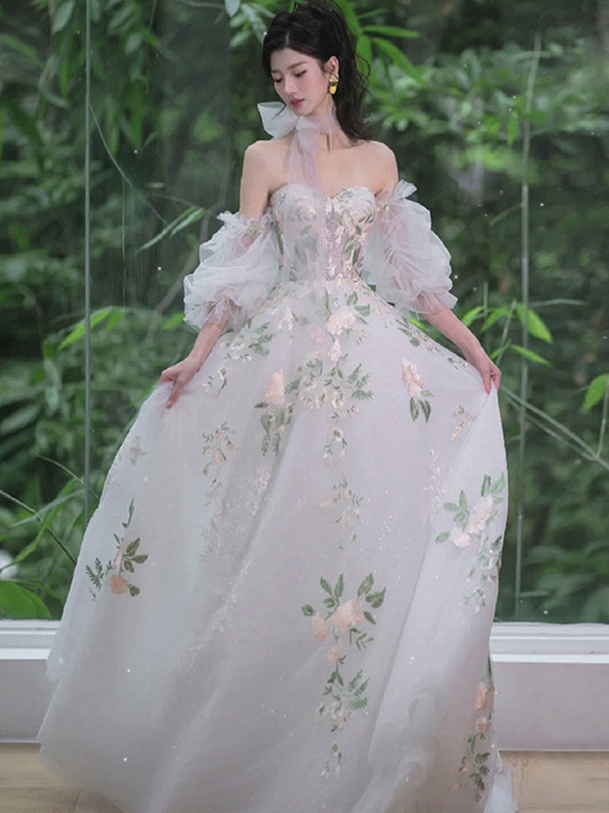 White Tulle with Lace Off Shoulder Long Formal Dress, White Long Wedding Party Dress