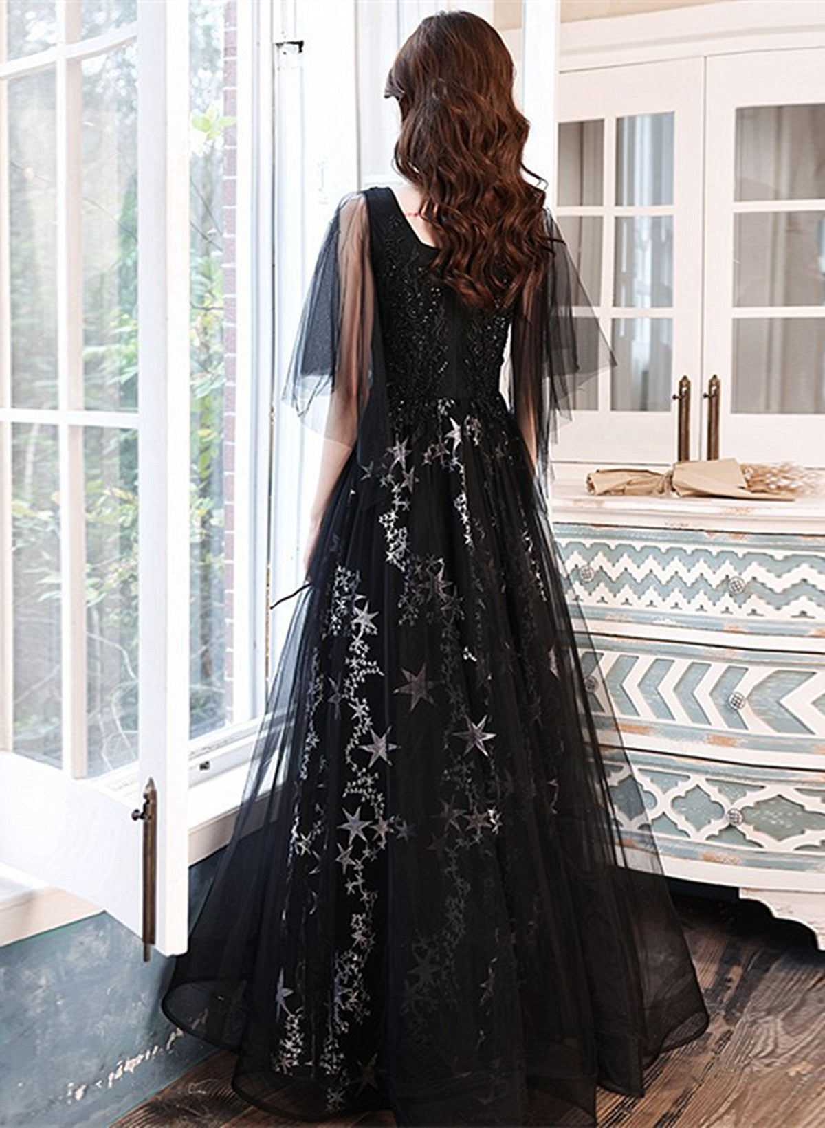 A-line Chic Black Tulle Beaded Long Evening Dress, Black Long Formal Dress A-line Chic Black Tulle Beaded Long Evening Dress, Black Long Formal Dress
