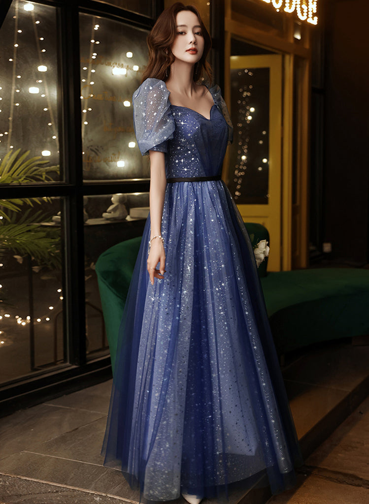 Navy Blue Tulle Straps Short Evening Dress, Blue Lovely Party Dress Prom Dress main image 1