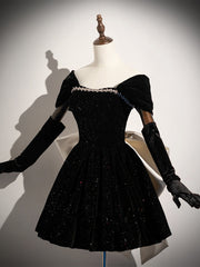 Cute Black Velvet A-Line Party Dress with Off-Shoulder Sleeves, Black Velvet Homecoming Dress