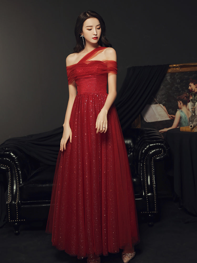 Modest A line Off The Shoulder Tulle Long Red Prom Dress