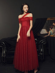 Red Off Shoulder Tulle Long Party Dress, Red A-line Tulle Formal Dress Prom Dress