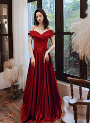 Wine Red Satin Off Shoulder Long Prom Dress with Leg Slit, Wine Red Evening Dress