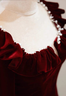 Wine Red Velvet A-line Long Sleeves Party Dress, Wine Red Beaded Prom Dress Evening Dress