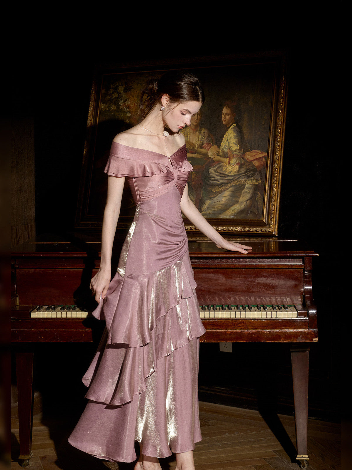Pink Off Shoulder Layers Long Formal Gown, Elegant Pink Floor Length Evening Dress Formal Dress