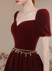 Wine Red Velvet Long A-line Party Dress, Wine Red Evening Dress Prom Dress