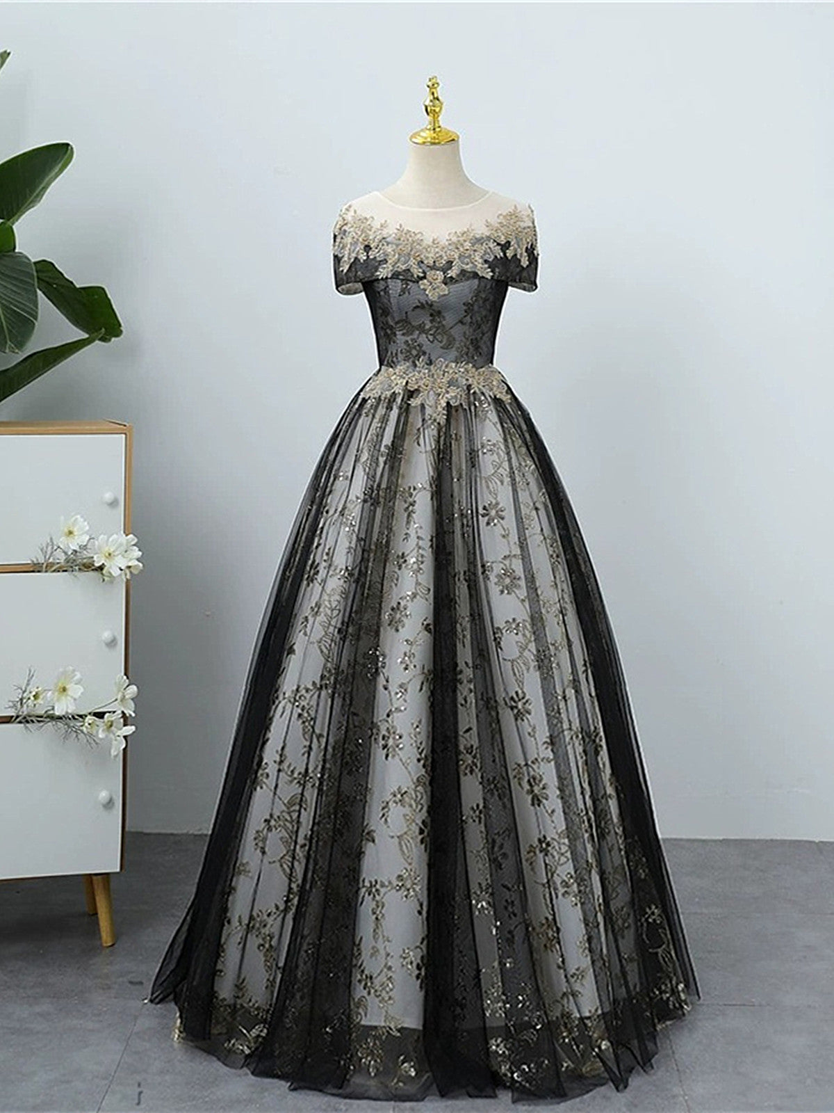 Black Tulle And Lace Round Neckline Party Dress, Black Long Lace Prom Dress