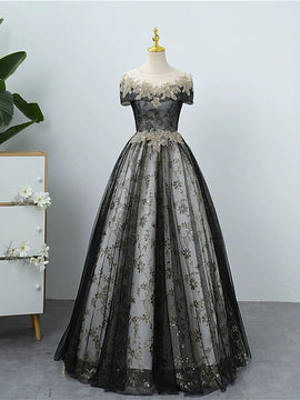 Black Tulle And Lace Round Neckline Party Dress, Black Long Lace Prom Dress