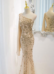 Champagne Mermaid Long Party Dress, Champagne Sequins Prom Dress