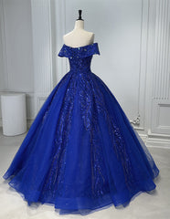 Blue Tulle Sweetheart Off Shoulder with Beadings Party Dress, Blue Tulle Formal Gown