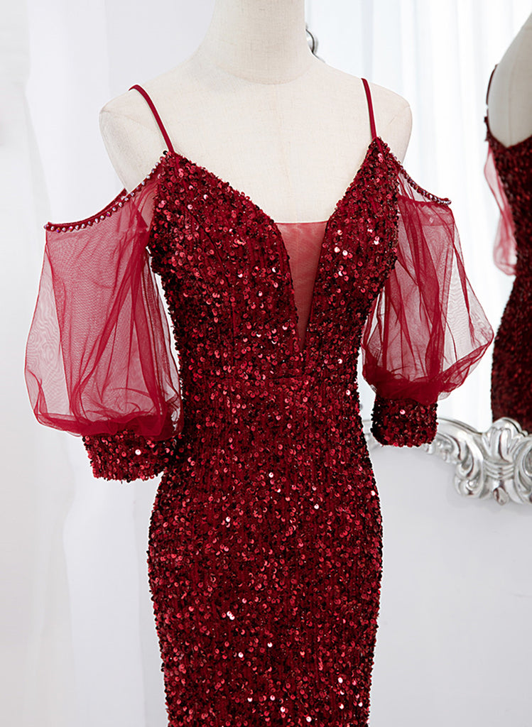 Wine Red Sequins Mermaid Long Party Dress, Wine Red Evening Dress Prom — free download