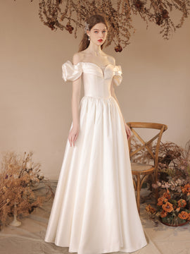 Off Shoulder Satin Sweetheart Long Formal Dress, A-line Satin White Prom Dress