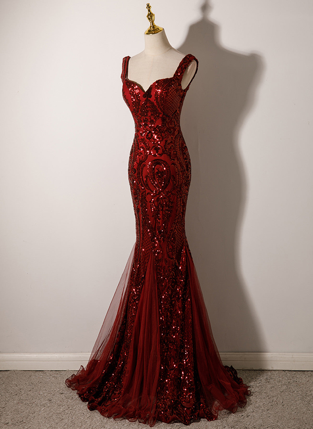 Wine Red Mermaid Sequins Long Formal Dress, Wine Red Straps Prom Dress Evening Dress