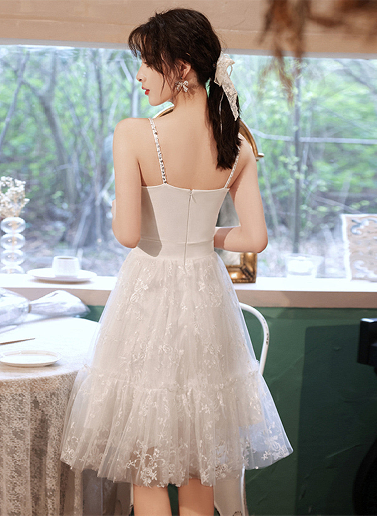 White Satin and Lace Straps Short Party Dress, White Lace Homecoming D Cutedressy White Satin and Lace Straps Short Party Dress, White Lace Homecoming D Cutedressy