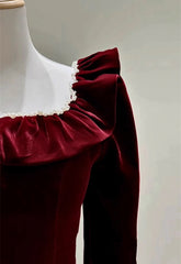 Wine Red Velvet A-line Long Sleeves Party Dress, Wine Red Beaded Prom Dress Evening Dress