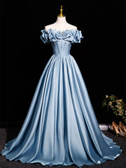 Light Green Beaded Off Shoulder Satin Formal Dress, Light Green Satin Long Evening Dress