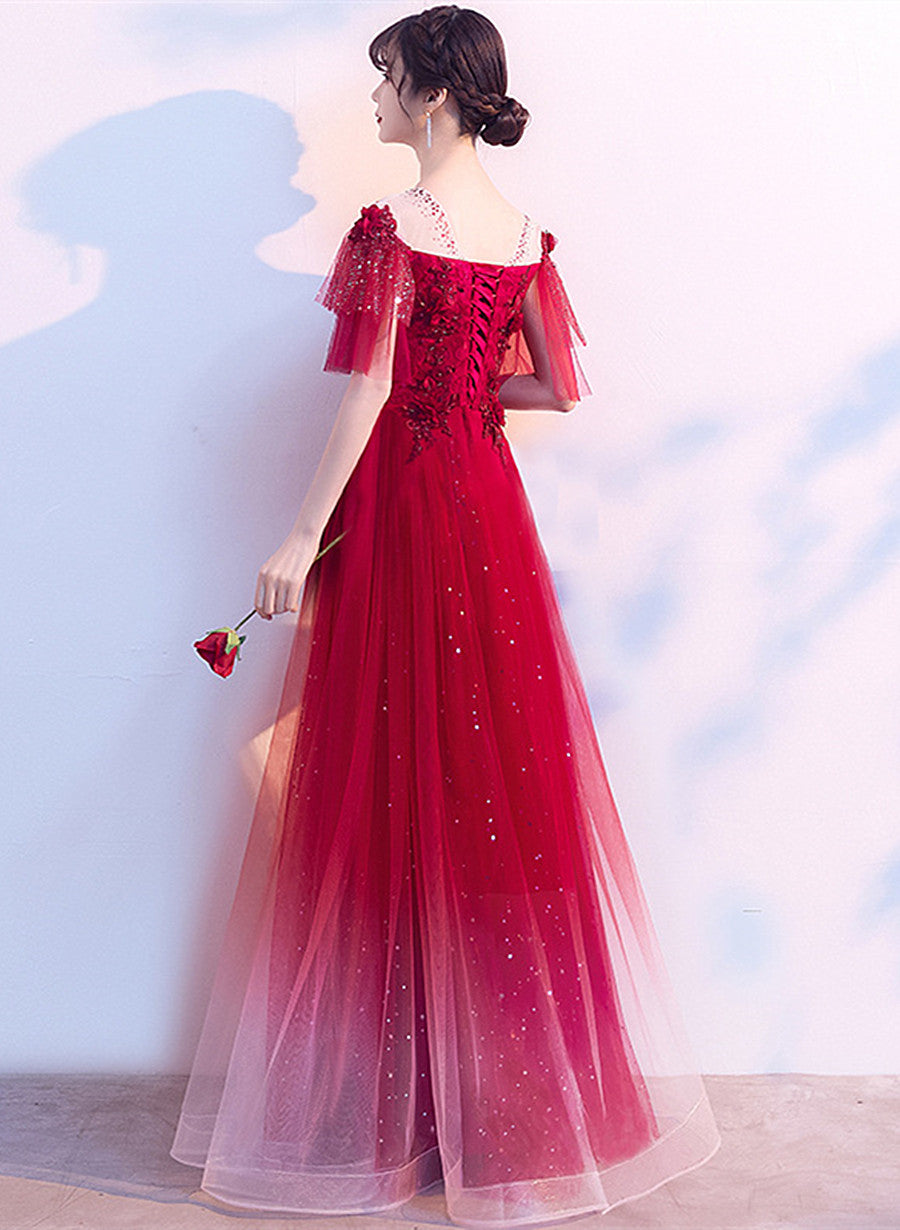 Red Gradient Tulle A-line Long Party Dress, Round Neckline Prom Dress Formal Dress