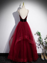 Wine Red Straps Beaded Sweetheart Tulle Formal Dress, Wine Red A-line Prom Dress
