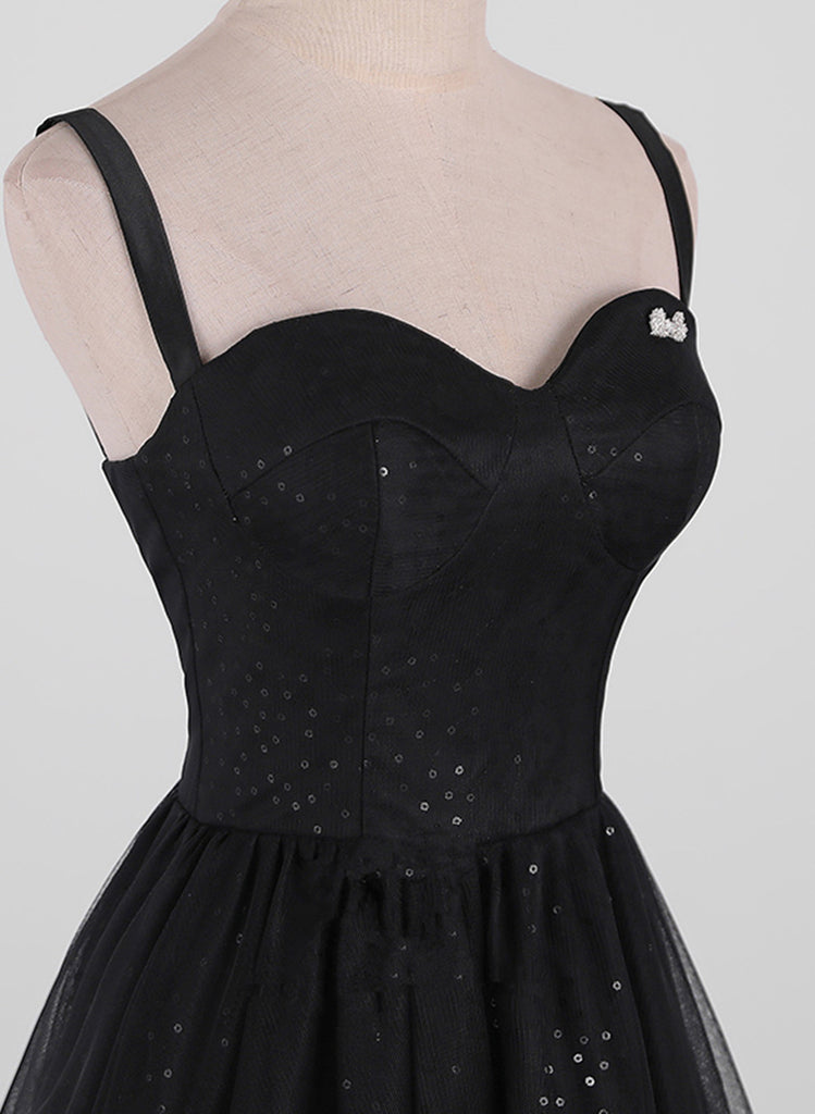 Classy A-line Straps Black Tulle Prom Dress,Black Formal Gown Y1070