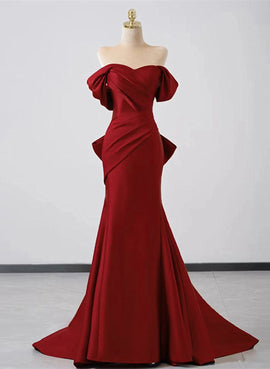 Wine Red Off Shoulder Mermaid Long Party Dress, Wine Red Evening Dress Prom Dress