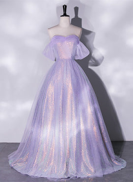Lovely Off Shoulder Lavender Long Party Dress, Cute A-line Tulle Prom Dress