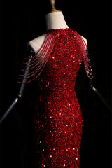 Wine Red Sequins Beaded Halter Long Formal Dress, Wine Red Sequins Prom Dress with Leg Slit