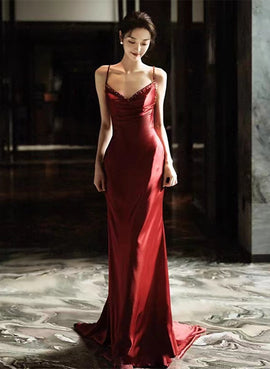 Wine Red Soft Satin Straps V-neckline Party Dress, Wine Red Evening Dress