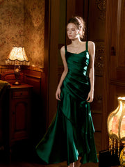 Lovely Green Satin Prom Dress Long Ruffle Evening Gown, Spaghetti Straps Formal Party Dress