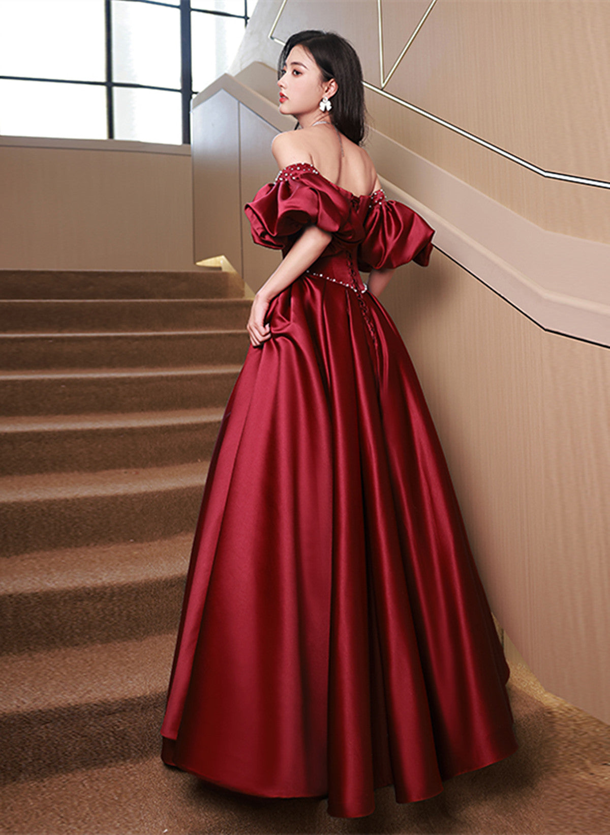 Wine Red Satin Beaded Puffy Sleeves Long Party Dress, Wine Red Long Prom Dress Wine Red Satin Beaded Puffy Sleeves Long Party Dress, Wine Red Long Prom Dress