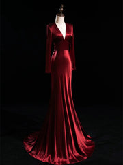 Wine Red Satin V-neckline Long Sleeves Formal Dress, Wine Red Evening Dress Prom Dress