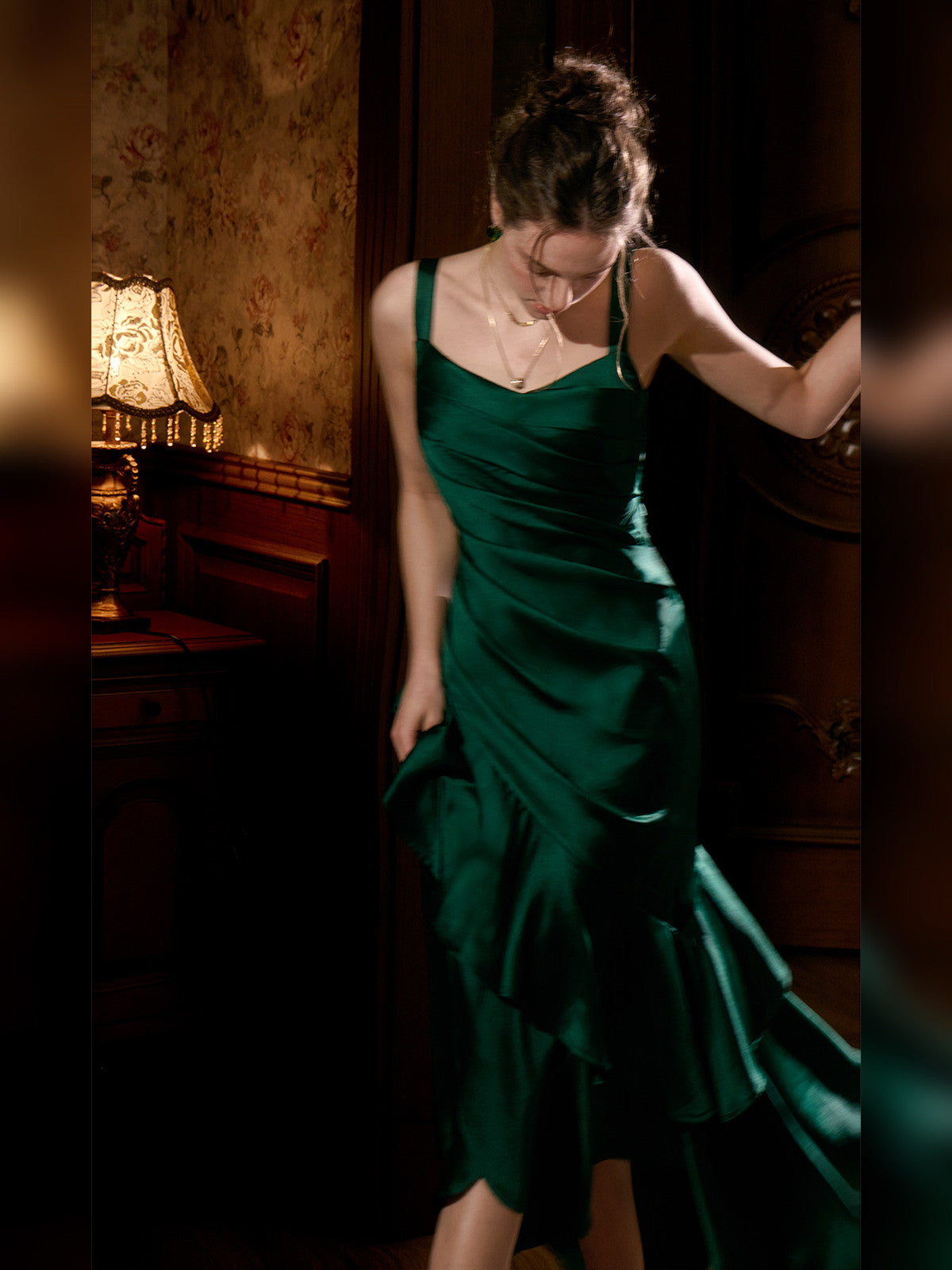 Lovely Green Satin Prom Dress Long Ruffle Evening Gown, Spaghetti Straps Formal Party Dress
