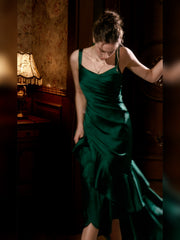 Lovely Green Satin Prom Dress Long Ruffle Evening Gown, Spaghetti Straps Formal Party Dress