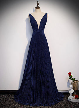 A-line Simple Navy Blue Long Evening Dress, Navy Blue V-neckline Prom Dress
