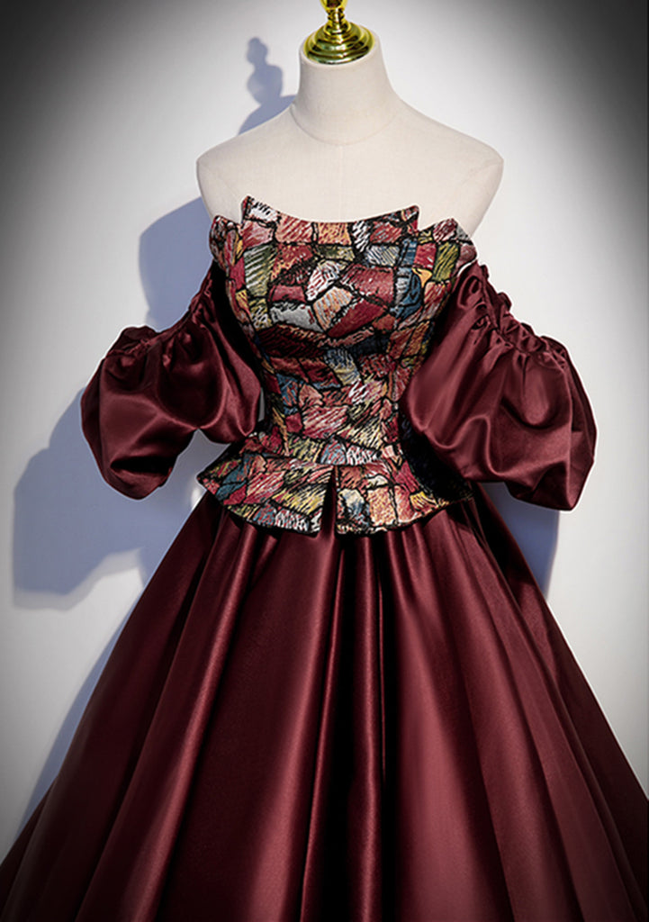 Wine Red Satin Short Sleeves Long Evening Dress, Wine Red Satin Prom Dress Party Dress
