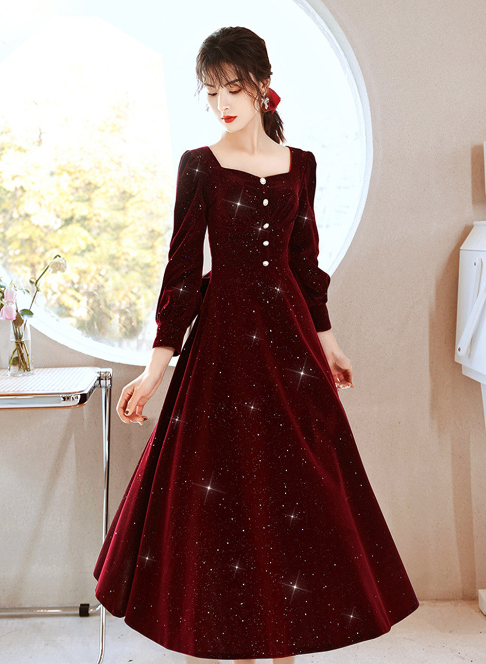 Wine Red Velvet Elegant Tea Length Bridesmaid Dress, Wine Red Homecoming Dress