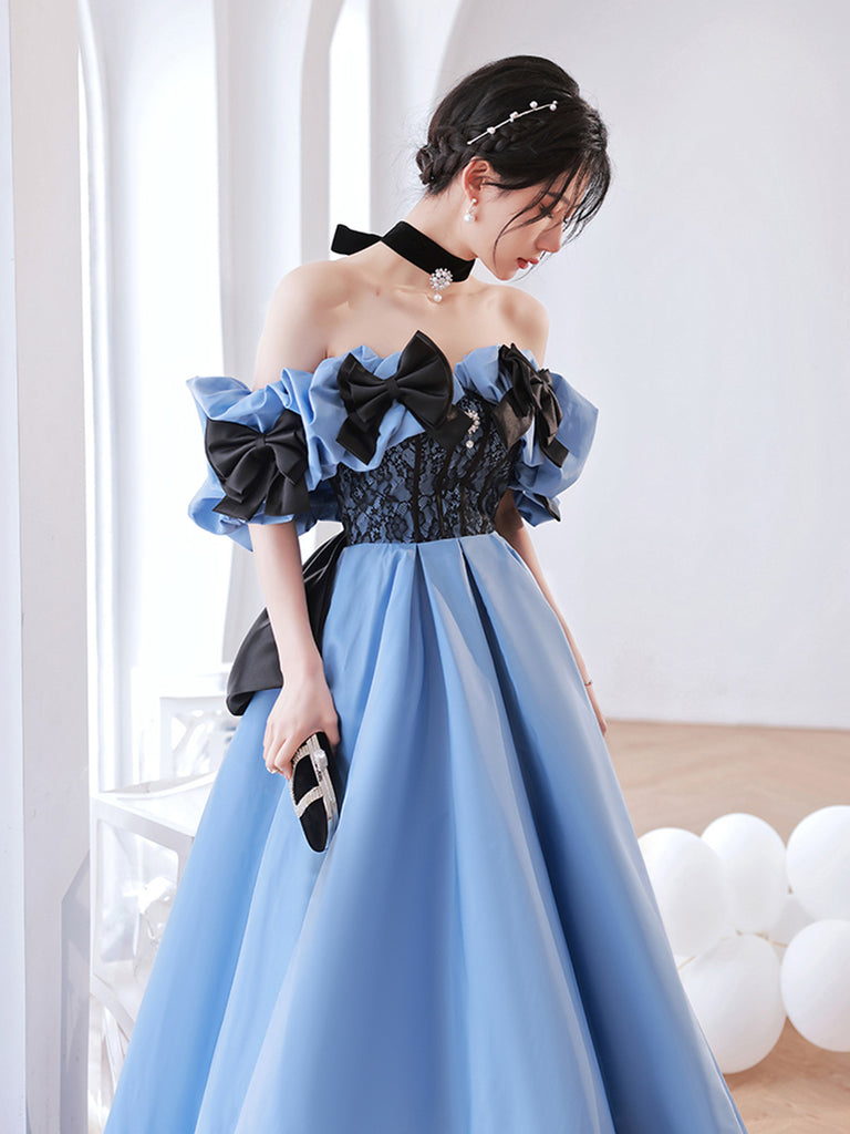 Classy A line Sweetheart Long Sleeves Blue Long Satin Party Dress Prom Dresses Evening Dress main image 0