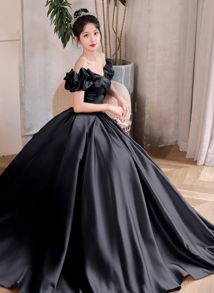 Black Satin Off Shoulder Long Formal Dress Evening Dress, Black Satin